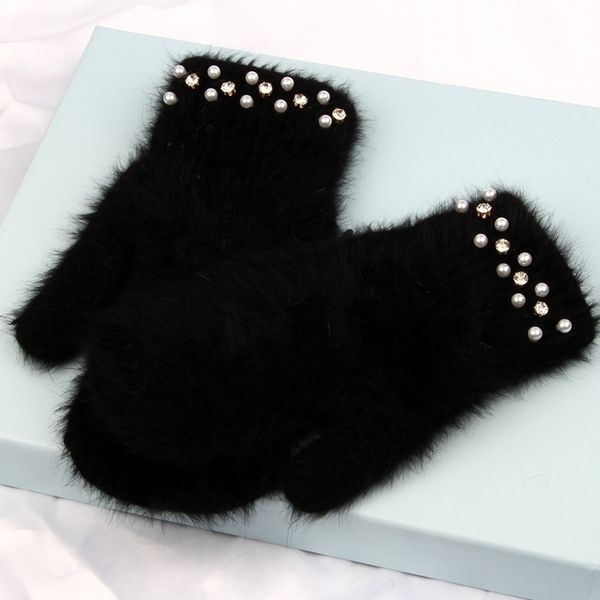 

2019 fashion women winter luxury pearl decoration rabbit fur girl fingerless gloves outdoor female mittens luva, Blue;gray