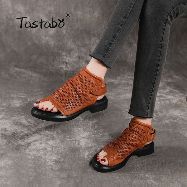 

tastabo genuine leather ladies sandals openwork flat set of beach shoes yellow black color summer daily sandals y200702