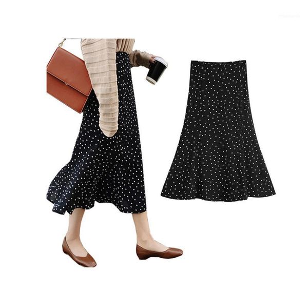 

gowyimmes 20 autumn women black dot chiffon skirt elegant lady high waist mermaid skirts slim midi long hip pakadge skirt pd7711