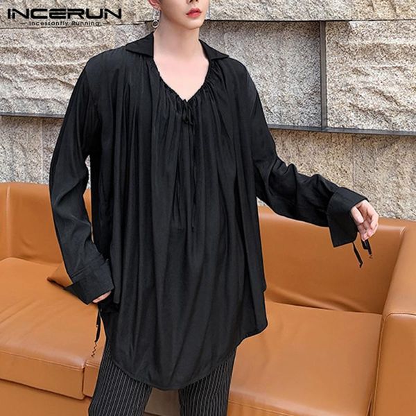 

incerun men casual shirt solid color long sleeve high street fashion lace up blouse 2021 lapel loose party camisa plus size 5xl, White;black
