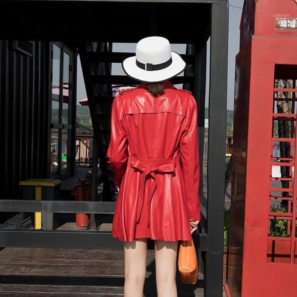 

women genuine leather lapel sashes slim long jacket brand double breasted windbreakers fashion long sleeve sheepskin coat1, Black