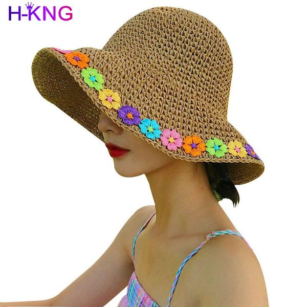 

wide brim hats h-king raffia flowers sun hat floppy summer for women beach panama straw dome bucket femme shade, Blue;gray