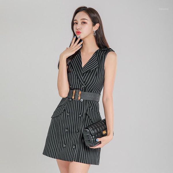 

s-xl big size black striped office work dress woman with belt sleeveless corset sheath a line mini dress womens sundresses1, Black;gray