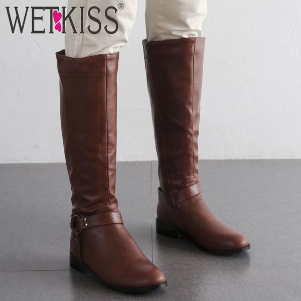 

wetkiss motorcycle boots women low heels thick boot female knee high zip shoes ladies rivet buckle shoes women winter 2020, Black