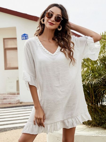 

ruffle hem pom-pom trim cover up e1yn#, White;black