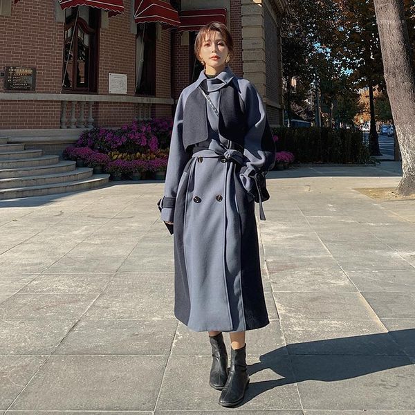 

real strench coat woolen women's fashionable temperament 2021 winter mid-length loose classic color matching woolen coat b391, Black