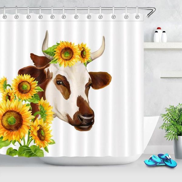 

farm animal cow shower curtain rustic farmhouse home decor sunflower watercolor creative fabric bathroom curtain set with hooks1