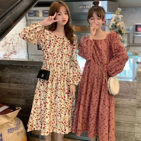 

ladies long slim dress french corduroy floral women's autumn and winter loose clothes temperament lantern sleeve y0118, Black;gray