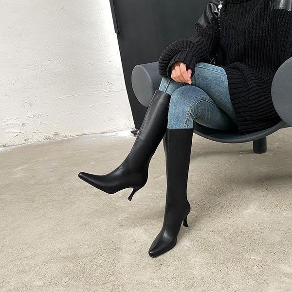 

high heels women knee high boots autumn winter warm motorcycle boots pointed toe night club long shoes woman, Black