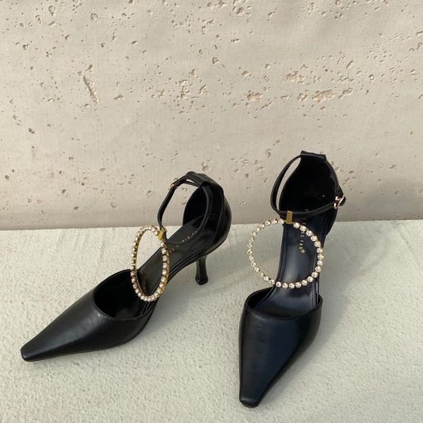 

sandals fashioon women pointed toe slies ring rhinestone design ankle strap thin high heels wedding shoes1, Black
