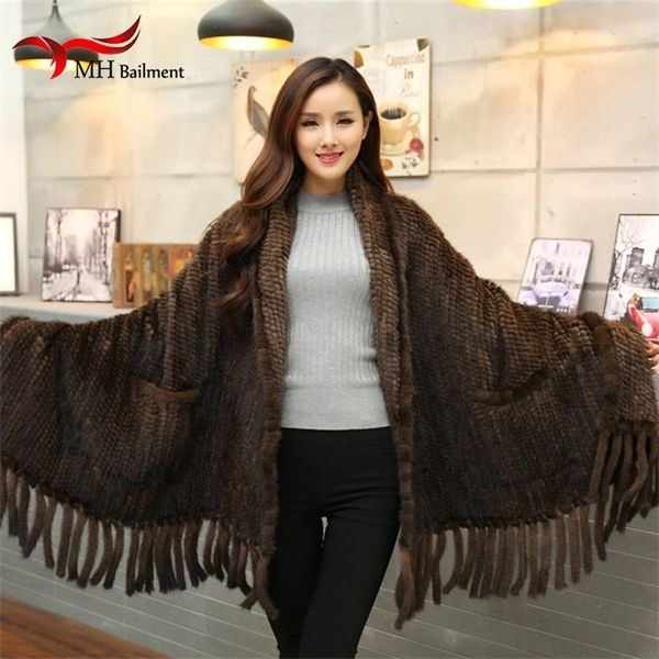 

poncho winter black/brown knit natural scarves wraps real shawls for women mink fur shawl d9 c1103, Gray