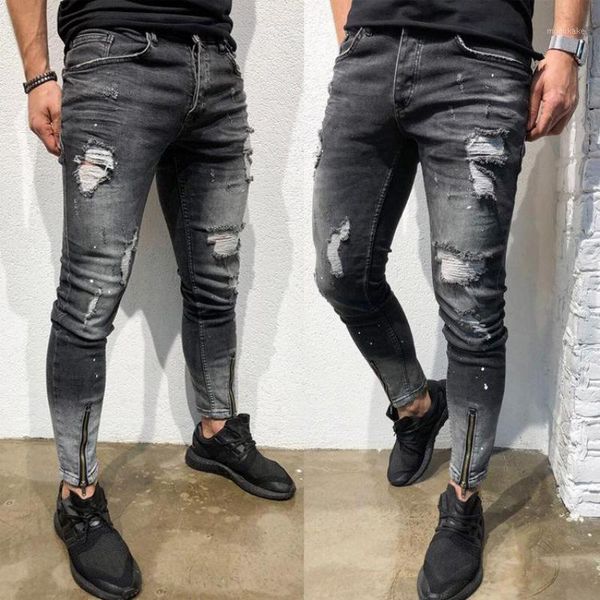 

fashion trend men's jeans european and american street wind hole hip hop hip zipper elastic small feet casual cool men's jeans1, Blue