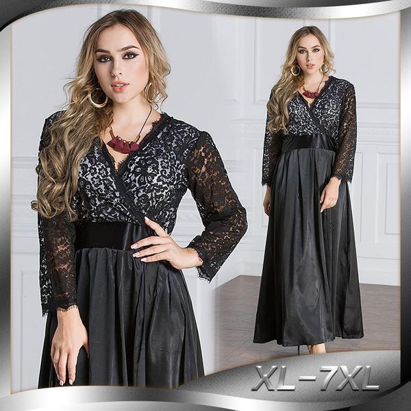 

spring autumn women lace dress v neck 3/4 sleeve see-through patchwork elegant plus size 7xl club party dress, Black;gray