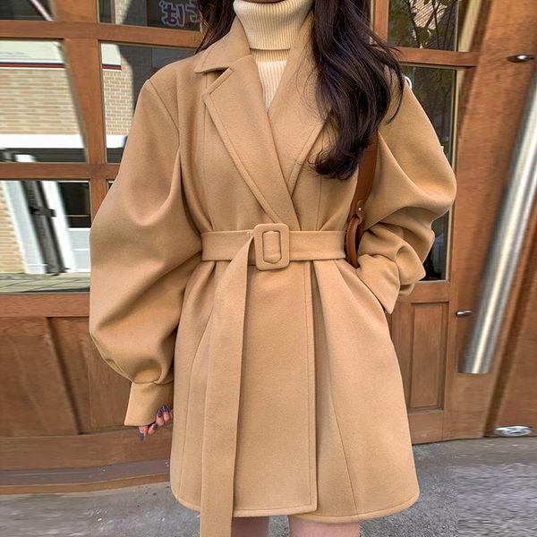 

ewq] 2021 winter female fashion casual turn down collar long-sleeved minimalist solid color lace up woolen overcoat 8q182, Black