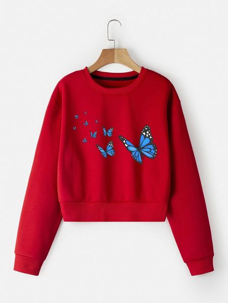 

butterfly print drop shoulder thermal crop pullover c6pp#, White;black