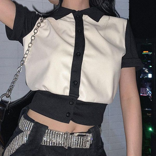 

women's blouses & shirts women summer short sleeve blouse ladies fashionable double color splicing lapel casual base shirt for shopping, White