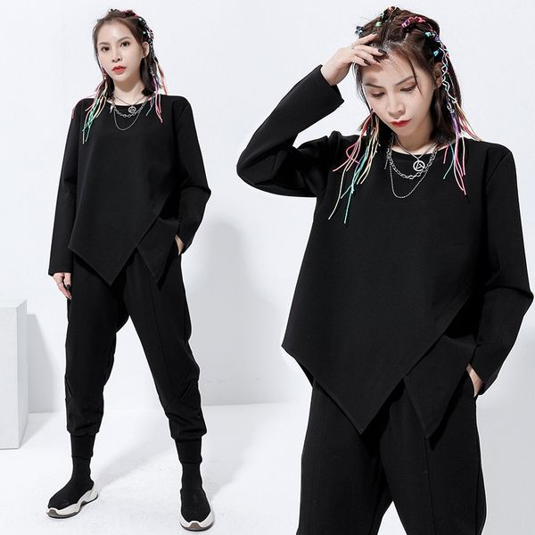 

fa mm casual versaile coa t-shir op women's t-shir irregular split splicing long sleeve simple dark women's t 02icq, White