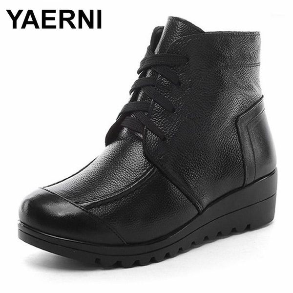 

yaerni lgenuine leather women winter boots plush snow ankle boots woman keep warm female botas waterproof mother flat shoes e6511, Black