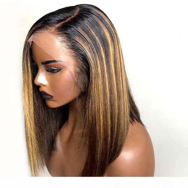 

ombre highlight invisible color short bob wig lace front human hair wigs for women brazilian remy hair wig lace closure wig, Black;brown