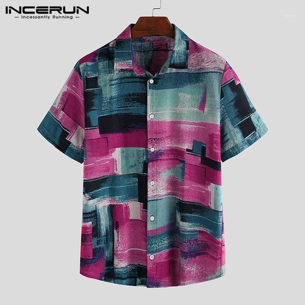

incerun men hawaiian shirt summer vacation short sleeve printed lapel button up cotton camisa beach shirts men1, White;black