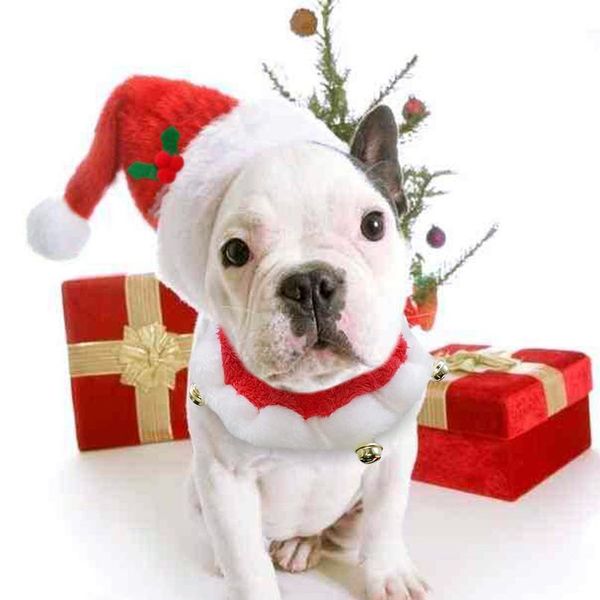

christmas dog hat and collar set dogs costume santa hats cap necklace with bell pet supplies for christmas festival de bbyiit