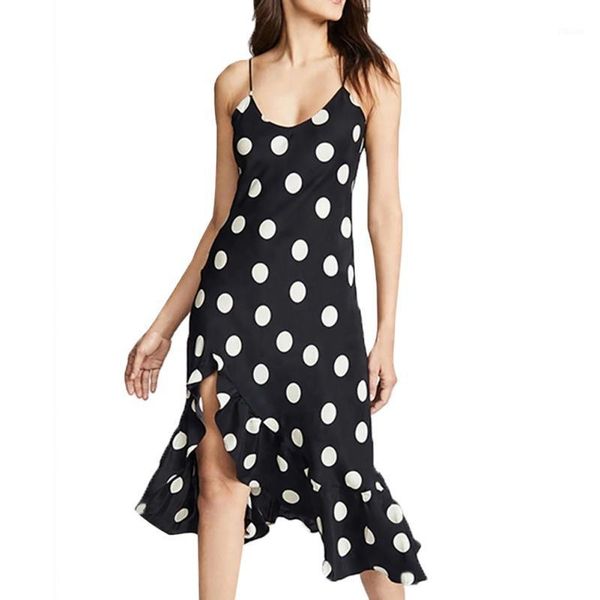 

women fashion dot print dress spaghetti strap summer dress o-neck ruffles dresses1, Black;gray