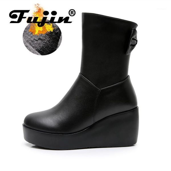 

fujin 2020 leather genuine women boot fur plush warm snow boots for autumn winter women sock platform wedge heel ankle boots1, Black