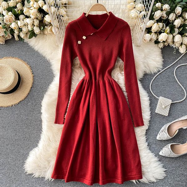 

2021 new solid women knitted in crochet turn down collar long elastic line dressed autumn school knitting style dress v1b1, Black;gray