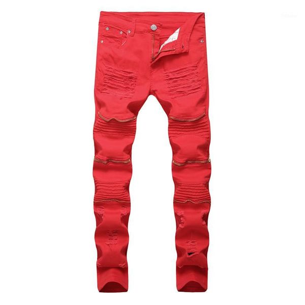 

mens fashion hole jeans zipper pencil pants male slim fit denim trousers red white black plus size1, Blue