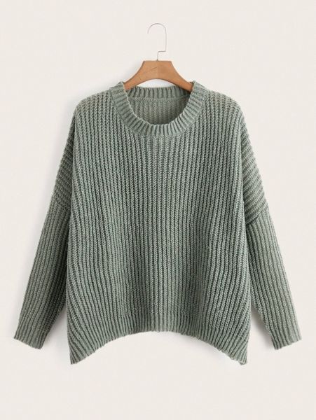 

plus ribbed knit asymmetrical hem drop shoulder sweater p4tl#, Black