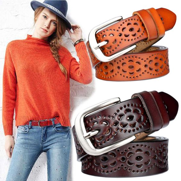 

classic luxury women's cowboy belt real leather leisure personalized women fine decoration simple fashion needle buckle hollow out belt, Black;brown