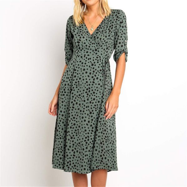 

2021 new fashion leopard print casual female skirt cleavage v half sleeve waistband retro midi dress mujer 81an, Black;gray