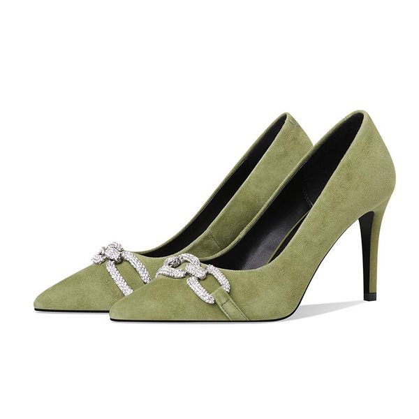 

2020 new women kid suede high heels thin heel diamond pumps party shoes rhinestone buckle pump dress shoes crystal wedding, Black