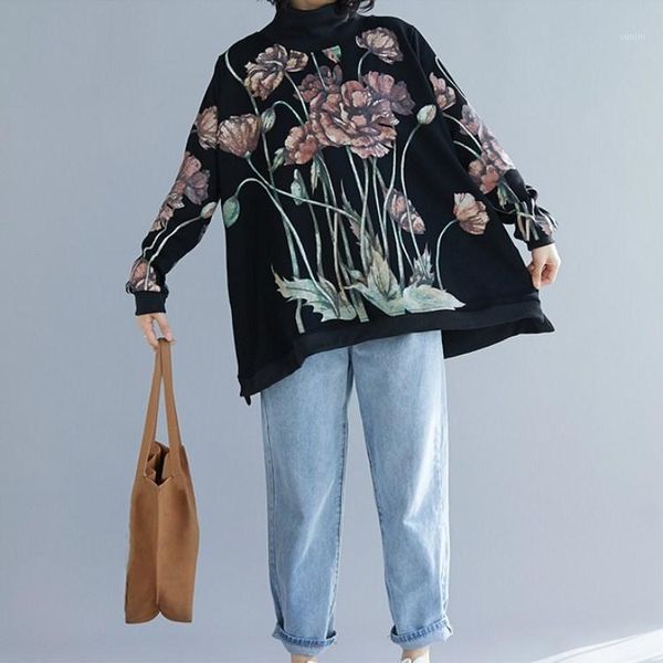 

2019 women print floral black hoodies spring autumn long sleeve warm sweatshirts casual turtleneck loose 1