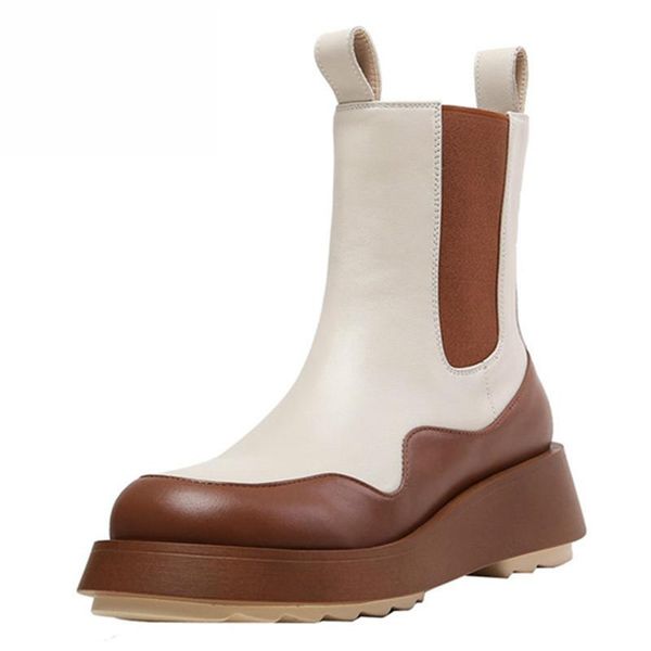 

mpd fashion boots leather shoes leather comfortable flat heel round head platform shoes joker spell color women's ankle boots, Black