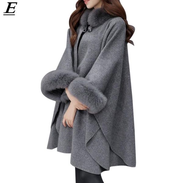 

women woolen coat fashion jacket casual woolen outwear fur collar parka cardigan cloak coat abrigos mujer invierno 2020, Black