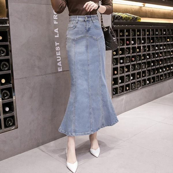 

new fish tail denim skirt women mermaid trumpet long skirt ankle length buttons empire high waist jeans no stretch b92791, Black