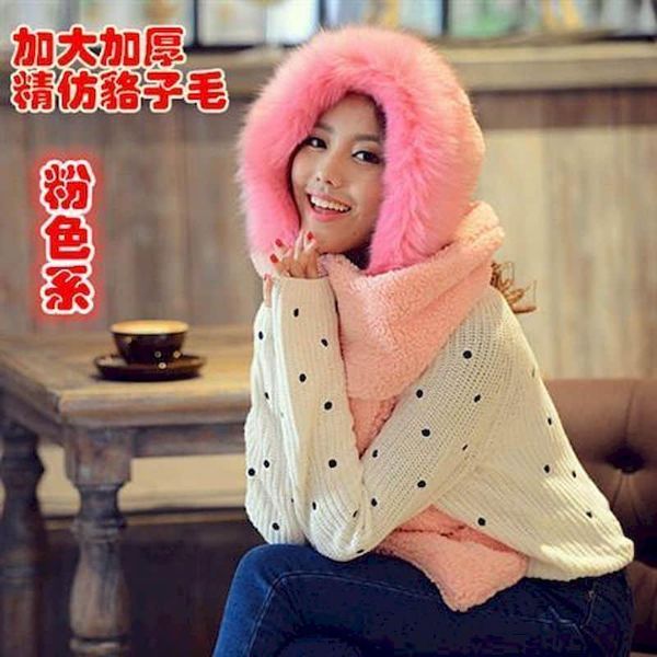 

parent-child hat new cute warm hat scarf winter female korean windproof thick winter female scarf gloves one fur collar brim, Blue;gray