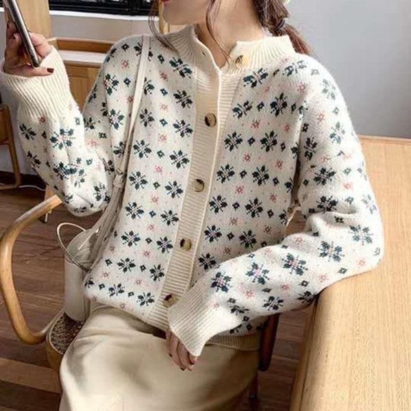 

streetwear вязаная кардиган пальто женская весна осень 2020 новый корейский элегантный vintage цветочные трикотаж свитер top прицепные femme, White