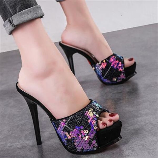 

new pee-pee 2021 fashion in will see high heels 12cm women's slippers outdoors ladies black shoes stl2