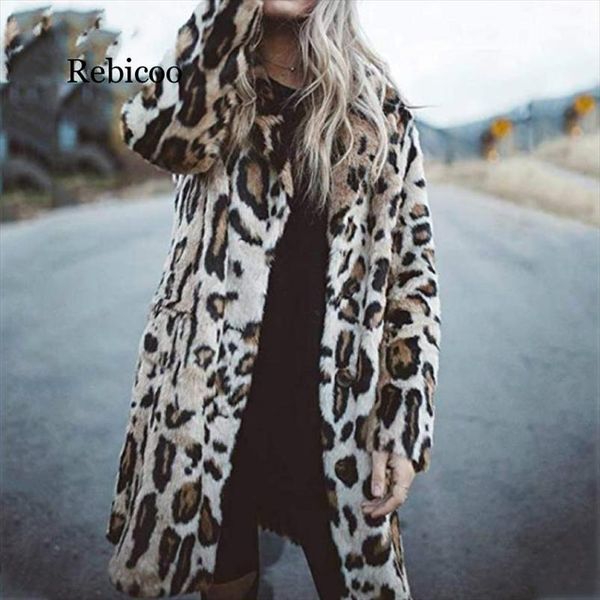 

winter leopard warm jacket women fashion casual slim print fur jacket female harajuku long faux fur coat thicken outwear, Black