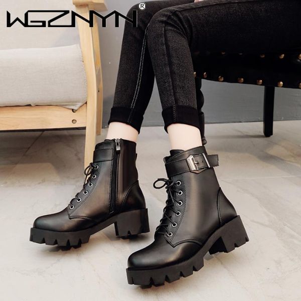 

women leather boots woman shoes autumn winter warm lace-up ankle boots for woman waterproof platform boot, Black