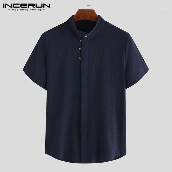 

incerun summer solid color shirt men cotton stand collar 2020 button casual short sleeve brand blouse breathable shirts men 3xl1, White;black