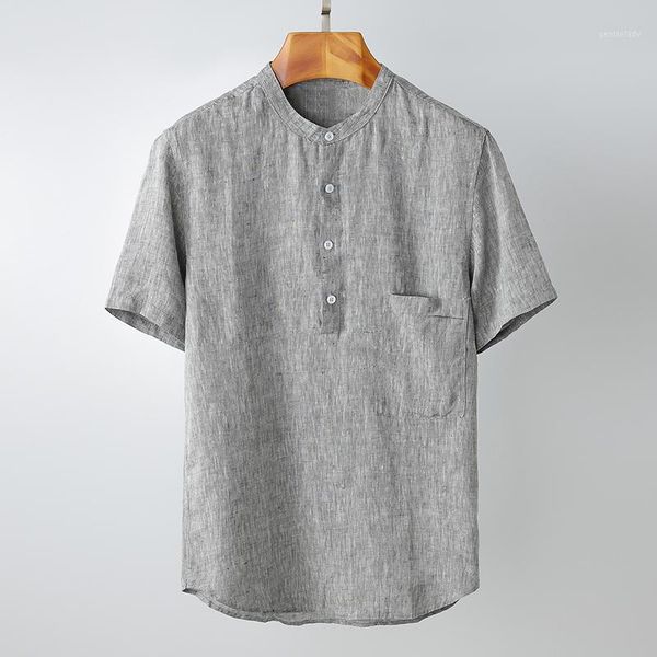 

men's casual shirts pure linen men short sleeve shirt white blue gray striped stand collar pullover tees spring summer fashion man1, White;black
