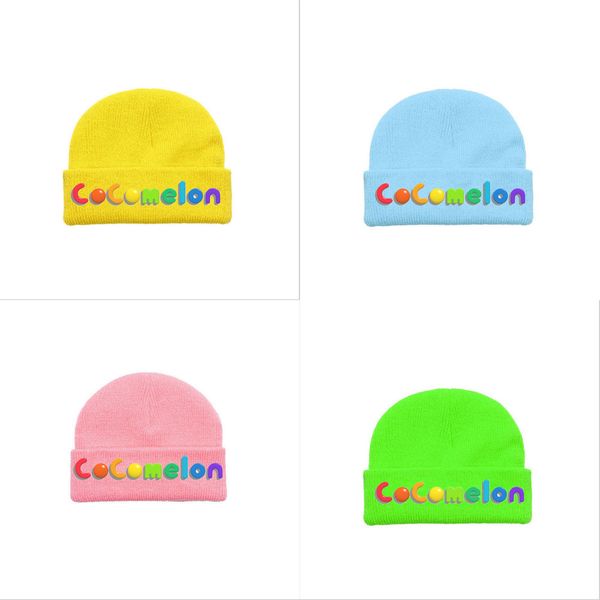 

kids cocomelon hats boys girls 2021 cuffed beanie caps solid color knit warm tuque cartoon letters skull cap outdoor headwear gg12306, Yellow