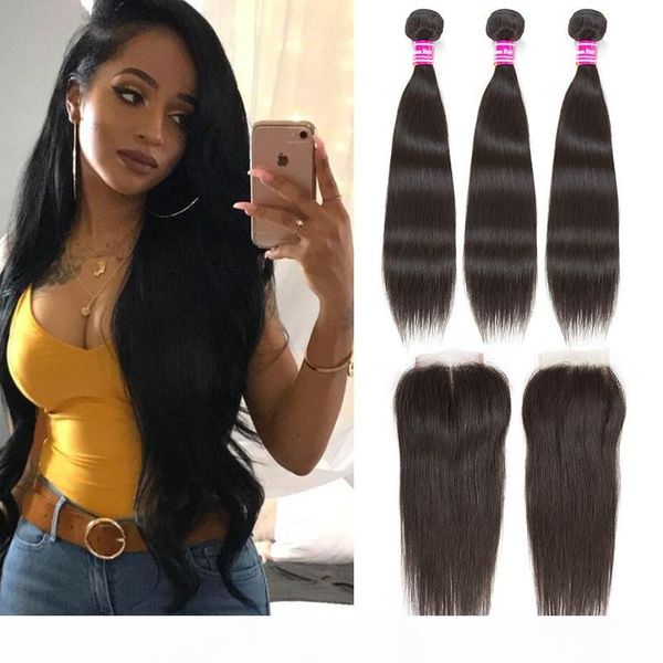 

straight remy human hair extensions brazilian virgin hair weave bundle with lace closure 4x4 middle and part lace weaves closure, Black;brown