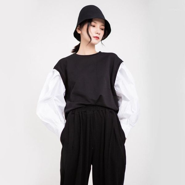 

autumn women's 2020 new black lantern shirt long sleeve stitching round neck pullover female w11481