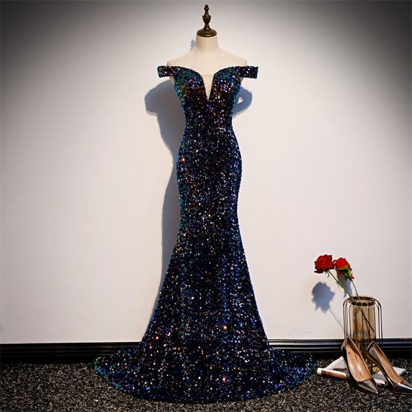 

long evening dress off shoulder colorful sequins mermaid woman formal prom party gowns zipper good vestido de festa lj201118, White;black