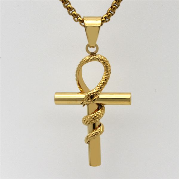 Aço Inoxidável Religioso Ouro Prata Charme Pingentes Agypt Homens Antigos Egípcios Enrolado Snake Ankh Chain Pingente