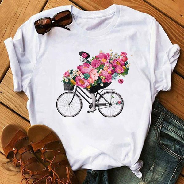 

new bicycle with flower women tshirts harajuku cartoon tshirt plus size short sleeve o-neck tees femme camisetas mujer, White
